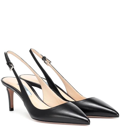 prada black leather pumps|Prada leather slingback wedge pumps.